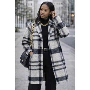 Madewell Women’s Plaid Wool Blend Coat Sherpa Lined Size S Black Gray Jacket